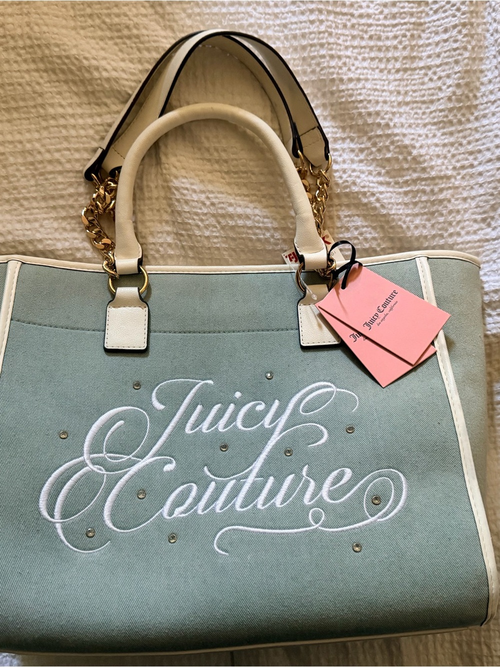 Juicy Couture Mint Green Canvas Tote with White Trim and Gold Hardware
